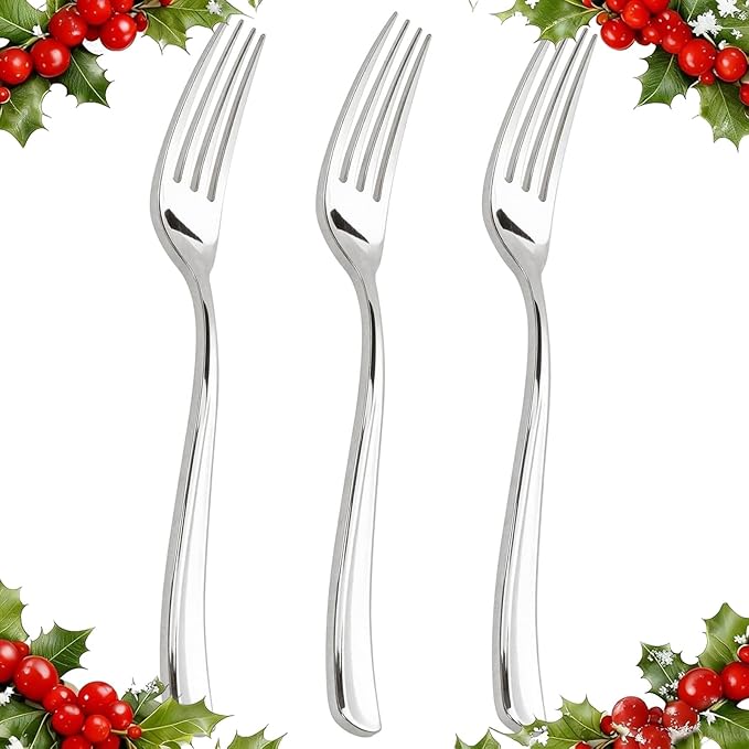 WDF 300PCS Silver Plastic Forks - Heavy Duty Plastic Forks Disposable - Sturdy&Durable Plastic Silverware Bulk for Wedding/Christmas Party/Daily Using