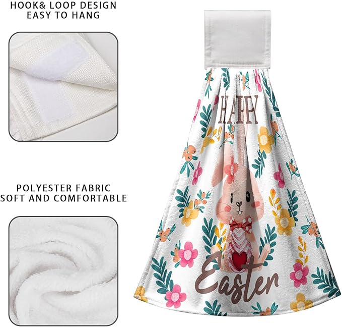 Easter Bunny Hanging Dish Towels 2 Pcs Easter Rabbit Soft Hand Tie Towels Spring Floral Kitchen Towel with Hanging Loop for Bathroom Kitchen Home Decor