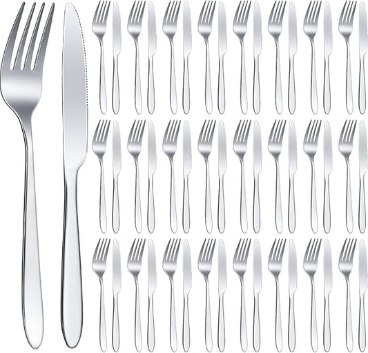 Nuenen 50 Pieces Stainless Steel Forks Silverware Set Dinner Forks and Knives Flatware Tableware Cutlery Set for Kitchen Restaurant(7.1 x 1 Inch, 8.4 x 0.7 Inch,Silver)