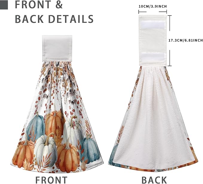 Fall Pumpkins Kitchen Hand Towels with Loop 2 Pcs Autumn Leaves Pumpkin Hanging Dish Towels Soft Absorbent Tie Towel Dishcloths for Bathroom Kitchen Washroom 17 x 12 in