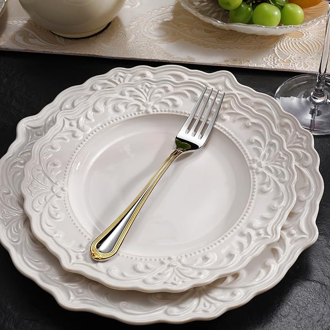 KEAWELL Pearl Edge 4-Piece Premium Fork Set, 18/10 Stainless Steel, Fine Silverware Forks with Mirror Finish and Exquisite Craftsmanship, Gold Accent, Dishwasher Safe (4, 8" Dinner Forks)