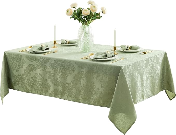 Newbridge Christmas Barcelona Damask Fabric Tablecloth, 60 x 84 Inch Rectangle, Sage Green – No Iron, Soil Resistant Table Cover for Dining, Parties and Holidays