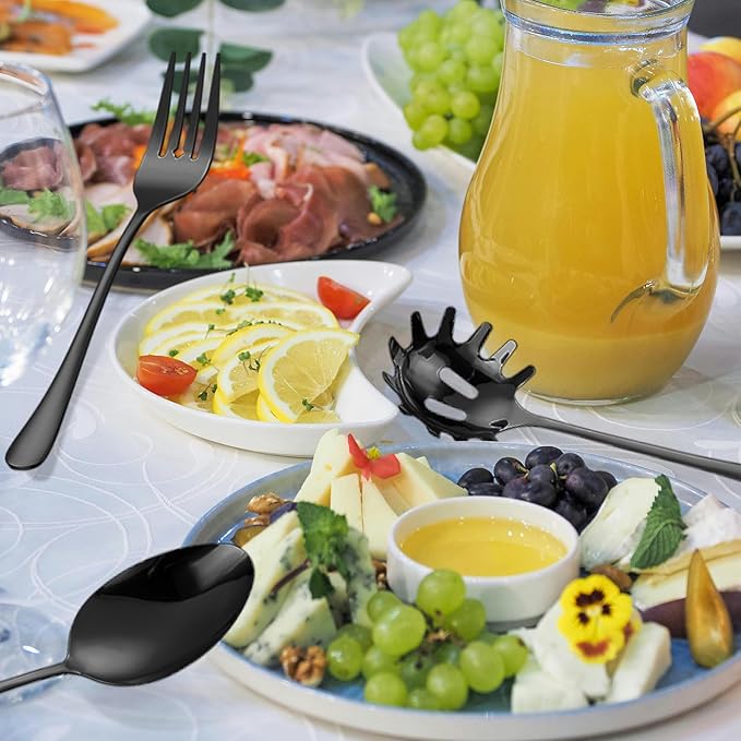 Black Utensils Catering Set 11-Piece Stainless Steel Spatula Turner Serving Spoon Fork Skimmer Ladle Cake Server Cutter, Buffet Banquet Kitchen Restaurant Hostess Set Easy to Clean