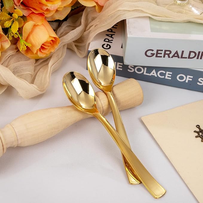 Liacere 360Pcs Plastic Spoons - 6.7 inch Heavy Duty Plastic Spoons-Heavyweight Gold Disposable Spoons-Gold Silverware for Halloween &Chrismas And Daily Using & New Year