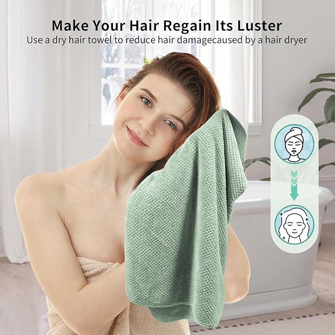 2 Pack Extra Large Microfiber Hair Towel Wrap, 37.4" x 26.4" for Women, Super Absorbent & Quick Dry Hair Towel with Elastic Strap for Curly Hair Green