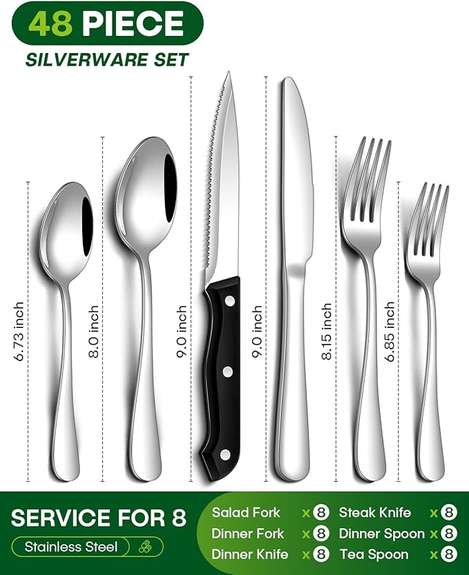 Silverware Set, 48-Piece Flatware Set with Steak Knives for 8, Stainless Steel Mirror Cutlery Include Forks Spoons and Knives Set, Dishwasher Safe Utensils Set for Home Restaurant