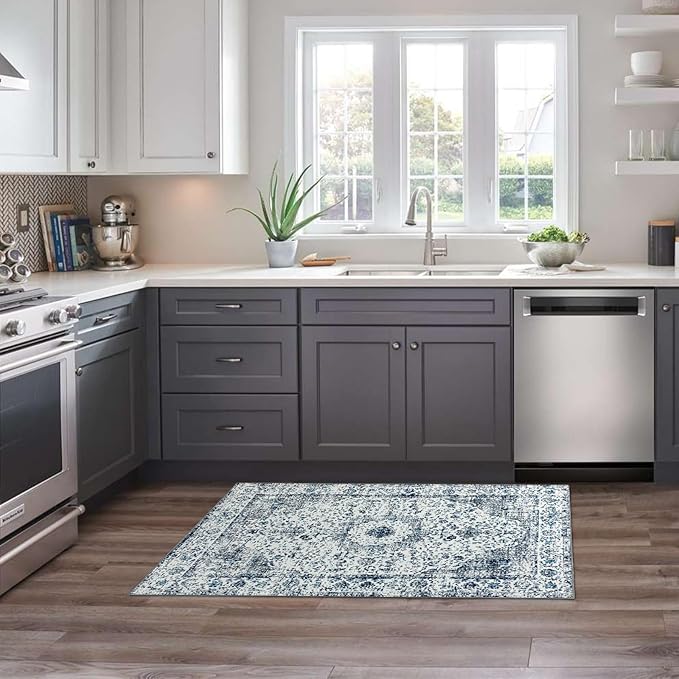 Easy-Going Boho Area Rug 2x3 Washable Entryway Rugs Front Door Mat Indoor Entrance Non-Slip Vintage Small Entry Rug for Living Room Kitchen Bathroom Office Lightweight Carpet, Floral Blue Cream