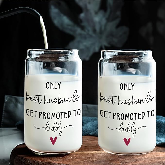 Get Promoted to Daddy Dad Glass Cup with Lids and Straws 14oz, Daddy to Be Gifts, Pregnancy Announcement for Dad Glass Coffee Tumbler Drinking Jars with Cleaning Brush