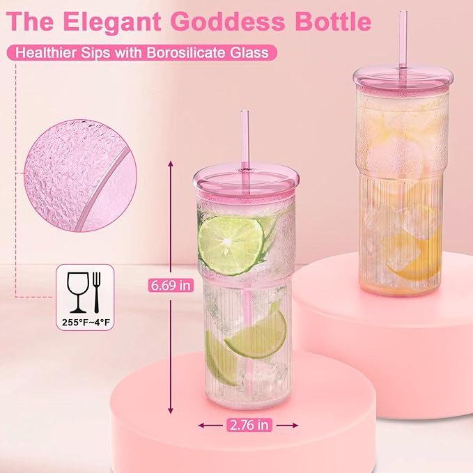 Glass Cups with Lids and Glass Straws, High Borosilicate 20OZ Pink Tumblers (2Pcs) for Coffee, Tea, Juice, Smoothies, Hot & Cold Drinks at Home/Office