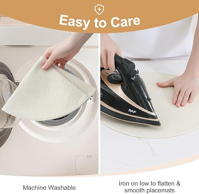 homing 15 Inch Round Cloth Placemats Set of 4, Cotton Linen Blend Washable Table Mats, Farmhouse Dining Place Mats for Indoors & Outdoors, Easy to Clean, Cream