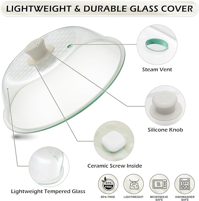 OEC Lighter Weight Tempered Glass Microwave Splatter Cover - 11.5 inch - Heat-Resistant & Impact-Resistant, Reinforced Glass Lid with Vent, Silicone Knob, Dishwasher Safe, 100% Food Grade - BPA Free