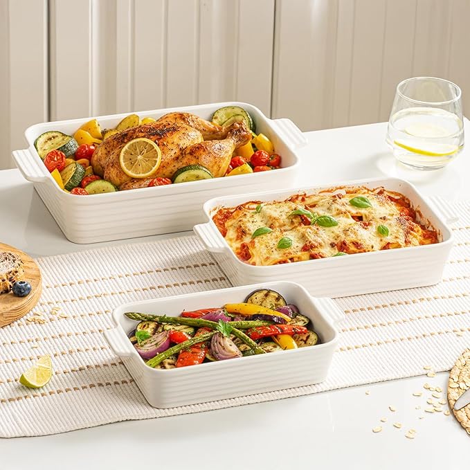 Jassceram Casserole Dishes for Oven, 3-Piece Ceramic Baking Dish Set, Rectangular Lasagna Pan Deep with Handles, Nesting Bakeware for Baking & Roasting, Oven Safe (9.6 to 13.1 Inch), White - Christmas Gift