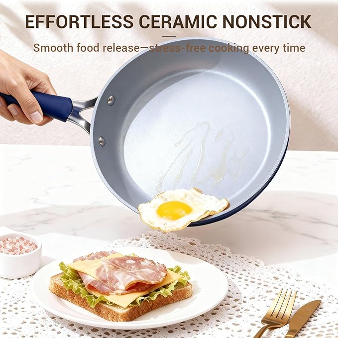 Ammeloo 15-Piece Ribbed Ceramic Cookware Set, Pots and Pans Set Non Stick, Induction Ready, Healthy Non Toxic Kitchen Cooking Set PFAS/PFOA/PTFE-Free, Silicone-wrapped Stay-Cool Handle