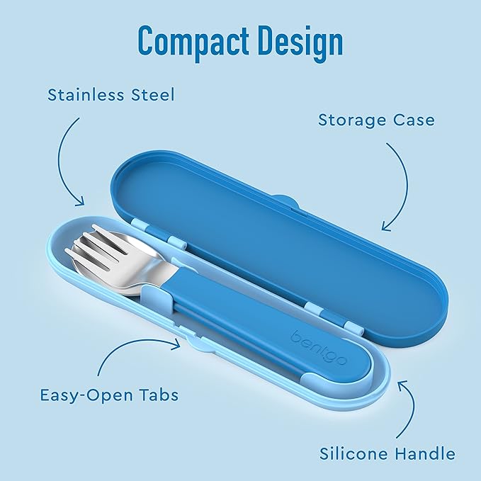 Bentgo® Kids Stainless Steel Utensil Set - Reusable Fork, Spoon & Storage Case - High-Grade BPA-Free Stainless Steel, Easy-Grip Handles, Dishwasher Safe for School Lunch, Travel & Outdoors (Blue)