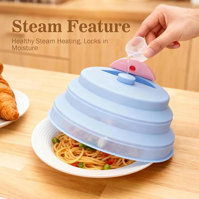 Collapsible Microwave Cover with Water Steamer – Silicone Splatter Cover & Steam Lid, 10 Inch BPA Free, Dishwasher Safe, Easy Storage for Reheating & Steaming Food