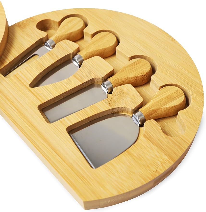 RoyalHouse Bamboo Round Cheese Board and 4 Knives Set with Slide-Out Cutlery Drawer - Charcuterie Boards Set - House Warming Gifts New Home, Wedding Gifts for Couple 2025, Bridal Shower