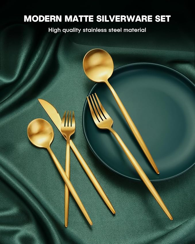 EUIRIO 20-Piece Matte Gold Silverware Set, Modern Flatware Set for 4, Premium Stainless Steel Cutlery Set with Forks Spoons and Knives, Heavy Duty Utensil Sets, Dishwasher Safe