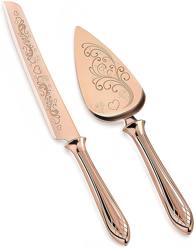 KSENDALO Wedding Cake Knife and Server Set Rose Gold Cake Cutting Set for Wedding, Deluxy SUS304 Stainless Steel Knife and Cake Server Set for Weddings, Birthdays & Anniversary(13.78inch Long)
