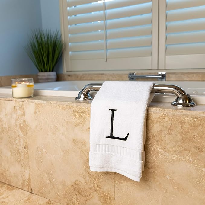 Black & White Bathroom Hand Towel - Monogrammed Luxury Hotel Quality Decorative Embroidered Towel for Powder Room, Spa - GOTS Organic Certified - Set of 2 Letter L