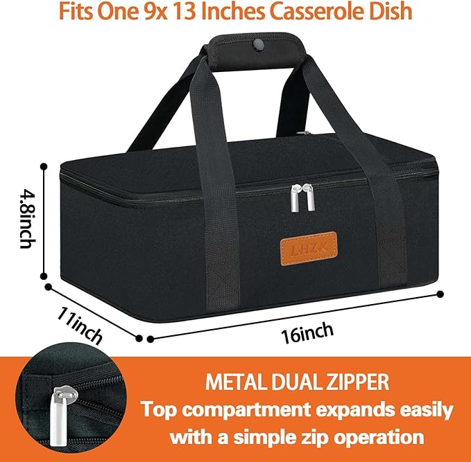 LHZK Insulated Casserole Carriers for Hot or Cold Food, Lasagna Holder Tote for Potluck Parties, Beach, Picnic, Travel, Fits 11x15 or 9x13 Dish (Black)