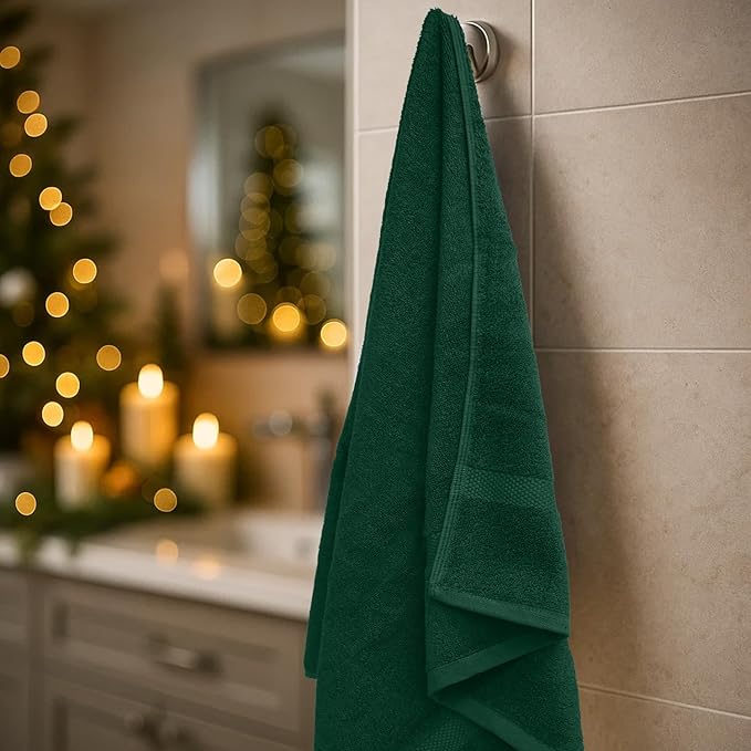 DAN RIVER Christmas Bath Towels Set of 4, 27 x 54 Inches for Your Loved Ones or a Festive Treat for Yourself. 100% Cotton, Larger & Lighter Weight, Ideal Black & Green Bath Towels.