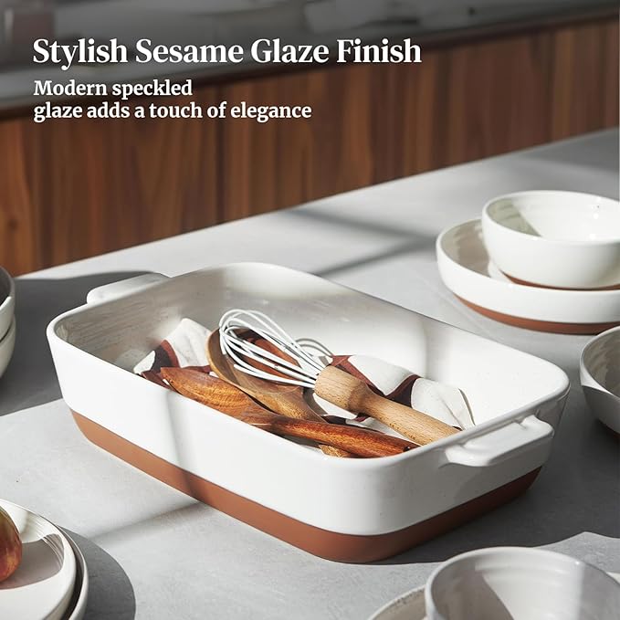 DOWAN Ceramic Casserole Dish for Oven, 9x13 Deep Lasagna Pan, Large Baking Dish with Handles, 4.3 Quarts Durable and Oven Safe Pan, for Roasting and Baking, Alabaster White