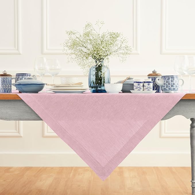 Solino Home Linen Tablecloth 52 x 52 Inch - 100% Pure Linen Square Table Throw - Athena, Machine Washable Bubblegum Pink Tablecloth for Christmas