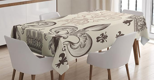 Ambesonne Fleur De Lis Tablecloth, Heraldic Pattern with Fleur-de-Lis and Crowns Tiara Coat of Arms Knight, Dining Room Kitchen Rectangular Table Cover, 52" X 70", Beige Taupe