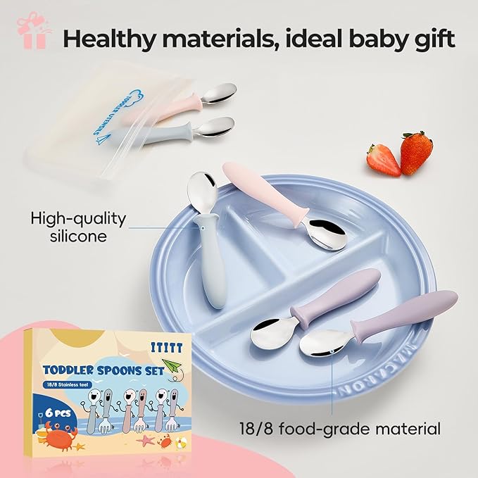 6 PCS Toddler Spoons Set - Baby Spoons with Silicone Handle Children Food Grade 18/8 Stainless Steel Toddler Utensils Set for Self Feeding Kids Silverware Set Safe Anti-Choke Design Dishwasher Safe
