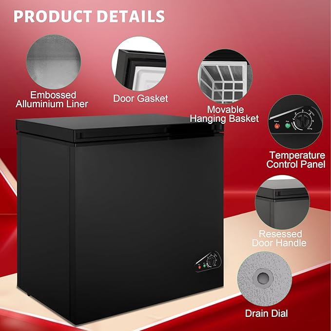Chest Freezer 5.0 cu ft, Mini Deep Freezer with Removable Basket, FreeStanding Compact Small Freezer, Adjustable 6 Thermostat, Quiet Small Deep Freezer Top Open Door for Dorm/Home(Black)