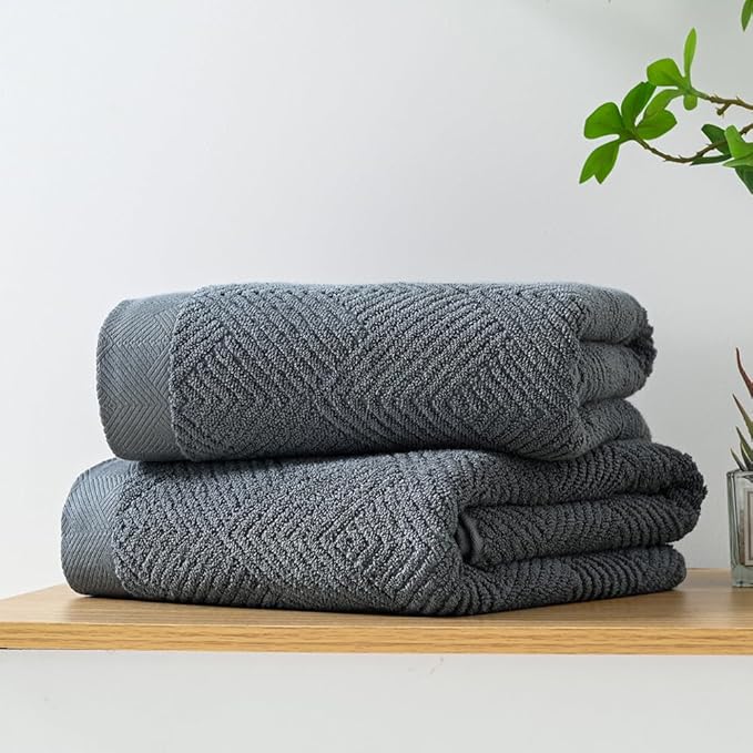 sense gnosis Grey Herringbone Bath Towel Set of 2 Premium 100% Cotton Striped Weave Ultra Soft Highly Absorbent Bath Towel for Bathroom 27 X 55 Inch
