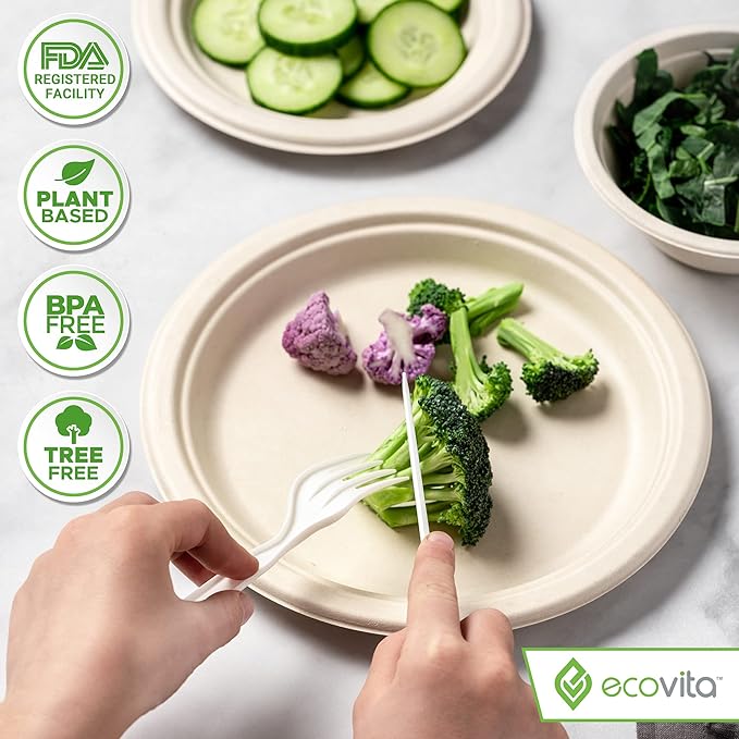 Ecovita 100% Compostable Forks - 500 Large Disposable Utensils (7 in.) Bulk Size Eco Friendly Durable and Heat Resistant Alternative to Plastic Forks with Convenient Tray