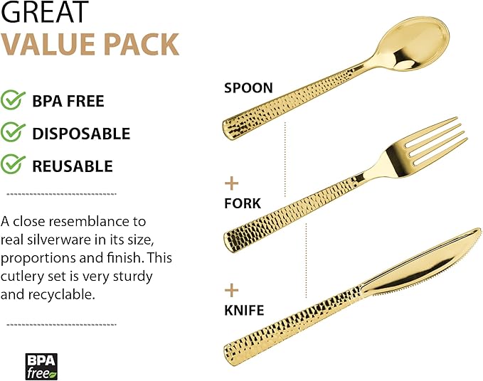 Plastic Cutlery Silverware Extra Heavyweight Disposable Flatware, Full Size Cutlery Combo, Gold Pebbled, 80 Forks, 40 Spoons, 40 Knifes, Value Pack 160 Count
