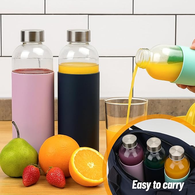 32 oz Glass Water Bottles with Lids and Silicone Sleeve, Reusable Juice Bottles with Stainless Steel Leak Proof Cap, Beverage Storage Containers for Juicing & Water, BPA Free Set of 3