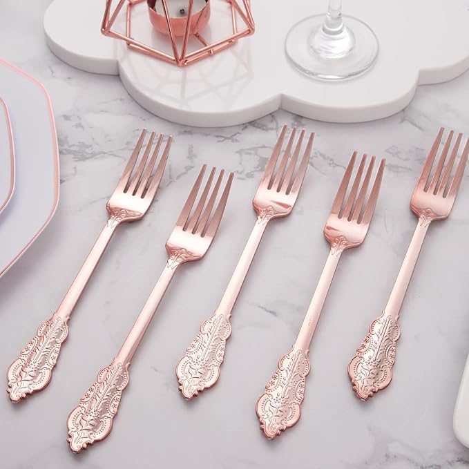 Ciaell 200PCS Rose gold Plastic Forks - Heavy Duty Plastic Forks - 7.48 Inch Heavyweight Rose gold Forks - Disposable rose gold Dessert Forks Perfect for Parties & Weddings & Restaurants