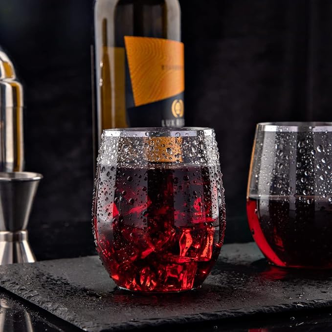 SUT 24 Disposable Stemless Wine Glasses, 12OZ Plastic Party Wine Cups, Silver Unbreakable wine Glasses, Shatterproof Reusable and BPA-Free, Clear Drinking Perfect for Outdoor Party, Wedding