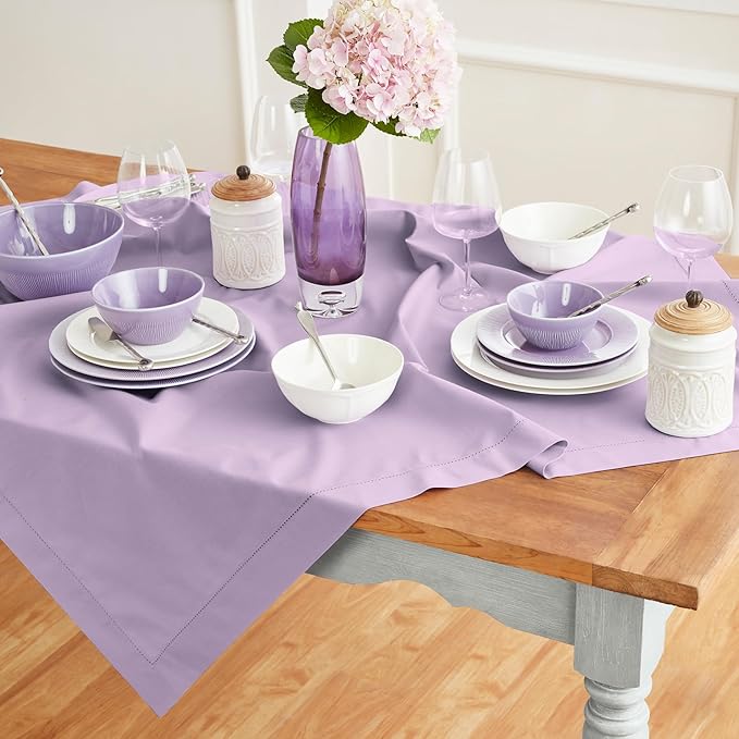 Solino Home Cotton Linen Tablecloth 52 x 52 Inch - Hemstitch Lavender Ice Square Tablecloth - Machine Washable Table Throw for Valentines