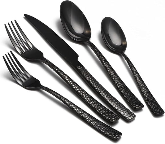 Black Hammered Silverware Set, 20 Piece Stainless Steel Flatware Set for 4, Food-Grade Tableware Cutlery Set for Home Restaurant, Mirror Polished, Dishwasher Safe