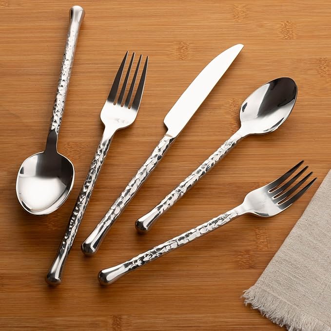 Glam Forged 20-Piece Silverware Set, 18/10 Stainless Steel Flatware, Unique Hammered Flatware Service for 4, Cutlery Set for Home Kitchen Hotel Restaurant Wedding Housewarming