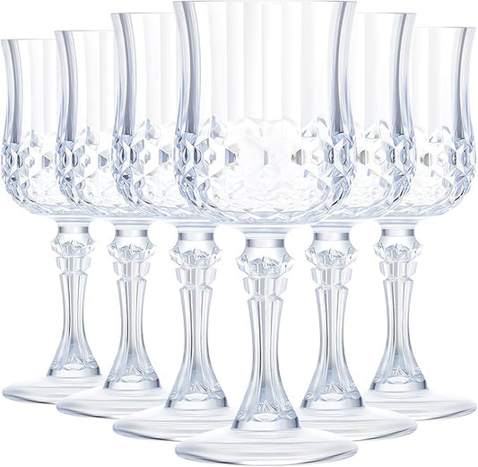 Pinkunn 6 Pcs 7 oz Plastic Vintage Wine Glasses Reusable Colored Goblets Patterned Drinking Water Glasses Cup Dishwasher Safe for Christmas Wedding Reception Party Supplies (Transparent)
