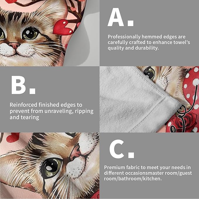 Imiss Red Cat Heart Rose Hand Towels - Red Love Hearts Tree Decorative Bathroom Kitchen Dish Towel Set of 2 Holiday Guest Towels 14.4 x 28.3 Inch for Gym,Spa,Hotel