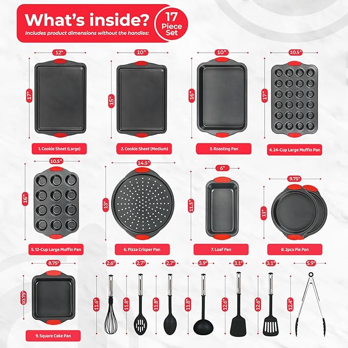 PERLLI Non-Stick 17-Piece Baking Pan Set, BPA-Free Carbon Steel Bakeware Set with Silicone Handles, Stackable Kitchen Oven Set, Cookie Sheet, Baking Tray, Baking Sheet Set, Utensils, Oven Safe (446°F)