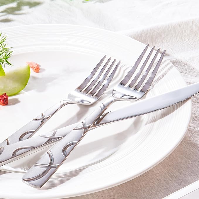 HIKAA 60PCS Stainless Steel Silverware Set, Modern Flatware Set for Kitchen, Mirror Polished Cutlery Set with Forks, Spoons and Knives，Dishwasher Safe