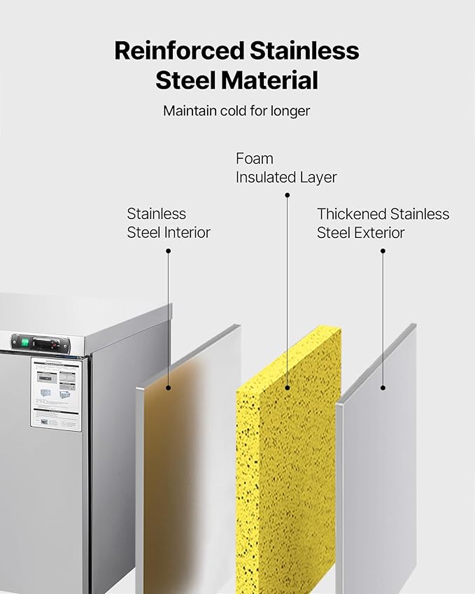 VEVOR 60" W Commercial Freezer, 14.8 Cu.Ft Worktop Freezers Undercounter with LED Auto Lighting and Lockable Door, 2 Doors Food Freezing Prep Worktable, Stainless Steel Prep Frozen Table with Casters