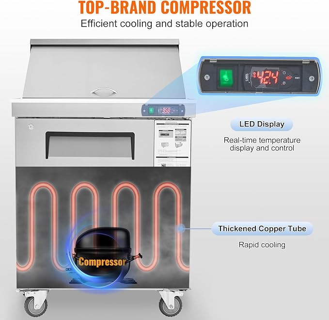 VEVOR 28" Commercial Refrigerator, 12 Pans Sandwich & Salad Prep Table, 7.4 Cu. Ft Stainless Steel Refrigerated Food Prep Station, Frost Free Mega Top Refrigerator for Restaurant, Food Truck, Bar