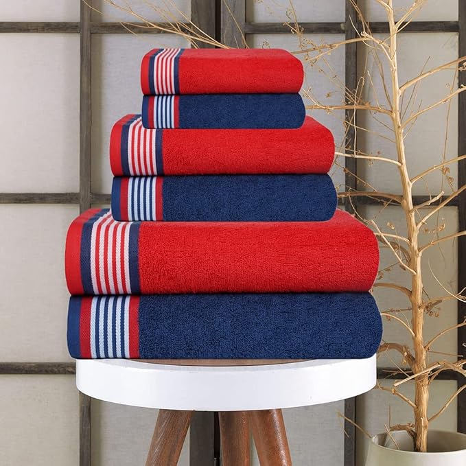 CASA COPENHAGEN He & She 6 Pieces Towel Set- American Blue + Red, 550 GSM 2 Bath Towel 2 Hand Towel 2 Washcloth, Designed in Denmark Made of Soft Egyptian Cotton for Bathroom, Kitchen & Shower