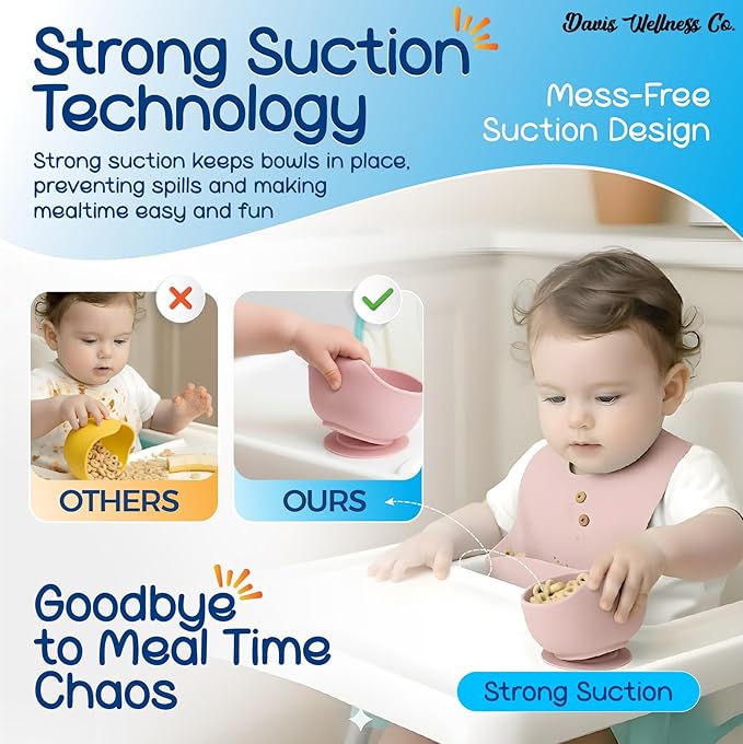 No-Mess Baby Feeding Set — Strong Suction Bowls + Soft Spoons (8-Piece) (Pink)