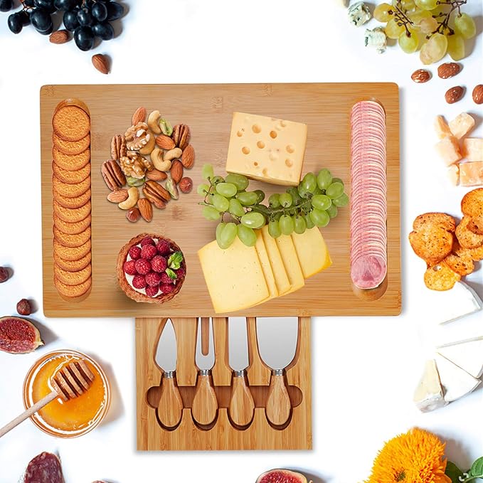Bamboo Cheese Board and Knife Set with Slid-Out Drawer - Wood Charcuterie Platter Serving Tray for for Wine, Meat & Crackers, Perfect for Wedding Anniversary Housewarming & Entertaining