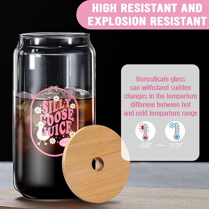 Cute Silly Goose Glass Cup Gifts, Pink Glass Tumbler Set with Straw, Cleaning Brush in Gift Box - Ideal Aesthetic Coffee Bar - Present for Women Friends - 16 Oz