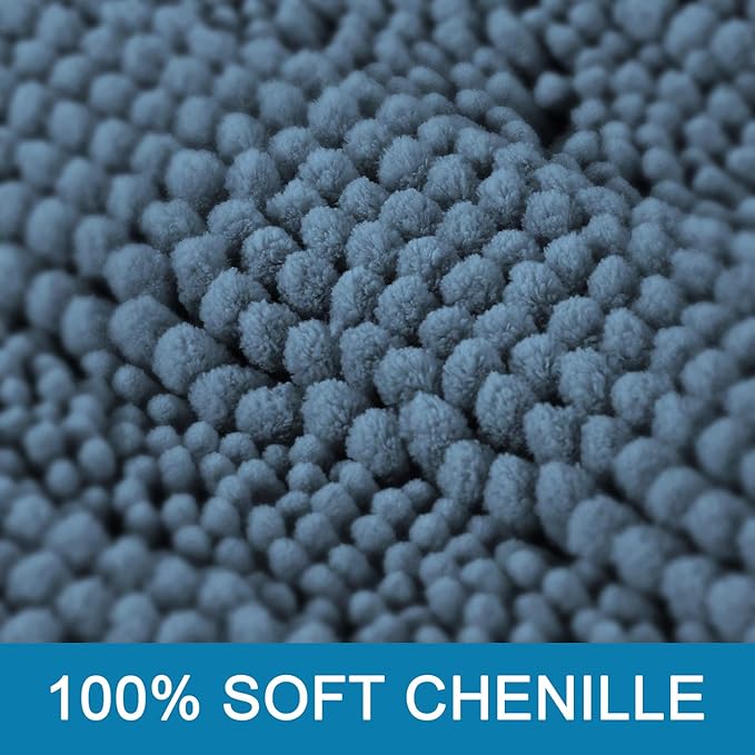 H.VERSAILTEX Bath Rugs for Bathroom Washable Non Slip Extra Thick Chenille Striped Bath Mat Rug Runners 47" x 17" Absorbent Fluffy Soft Shaggy Mats Plush Area Carpet for Bath Room, Tub - Stone Blue